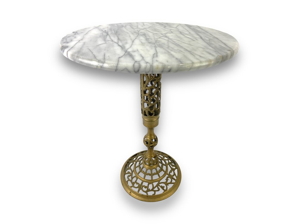 Vintage Pierced Filigree Brass Base Marble Top Small Table / Plant Stand