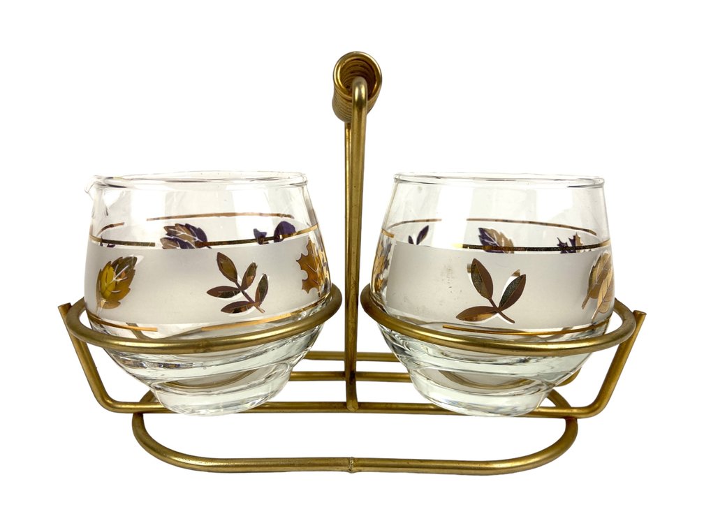 Vintage MCM "Libbey" Golden Foliage Cream & Sugar Set with Golden Caddy