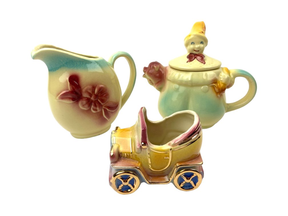 1940's Shawnee Tom the Piper's Son Teapot, Creamer & Car Planter 