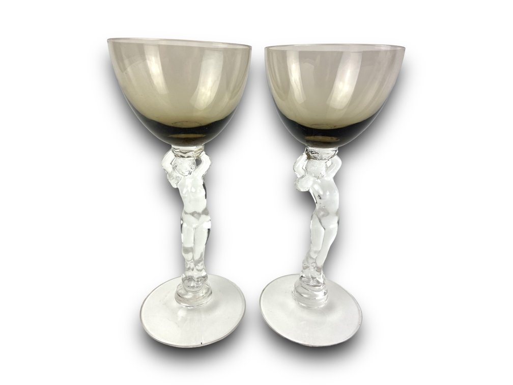 Two Vintage Cambridge Glass Statuesque Smoke Cocktail Goblet Nude Female Stem