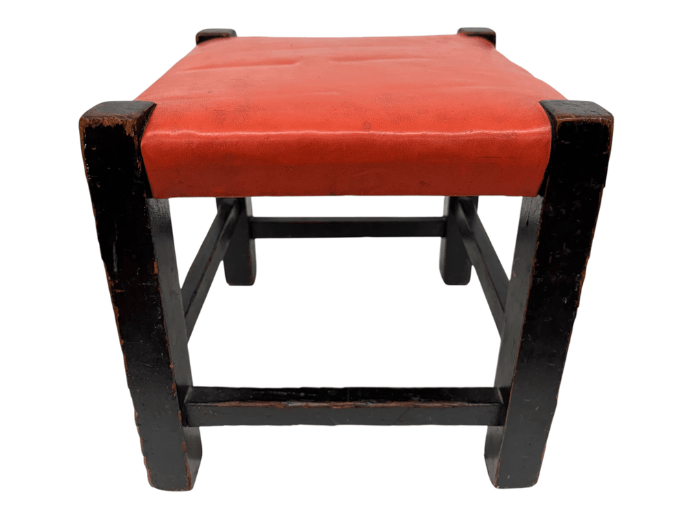 Mid-Century Modern Orange Vinyl Wood Footstool