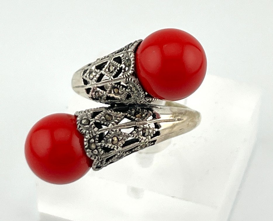 Sterling Silver & Red Coral Cocktail Ring- size 8.5