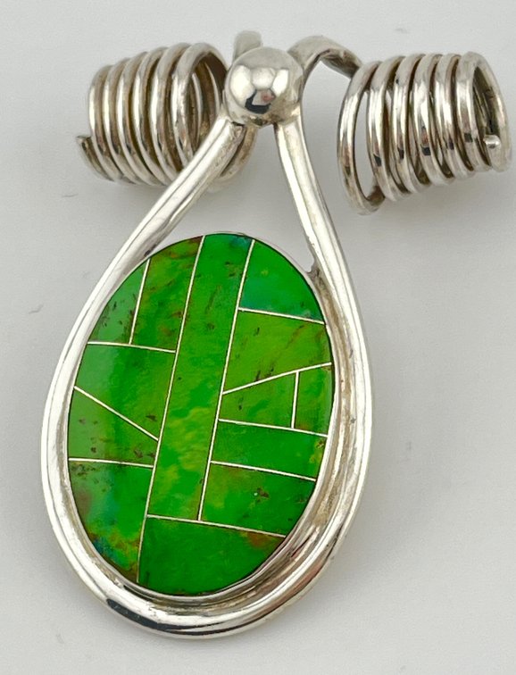 Sterling Silver Green Stone Inlay Pendant, 21.9 Grams