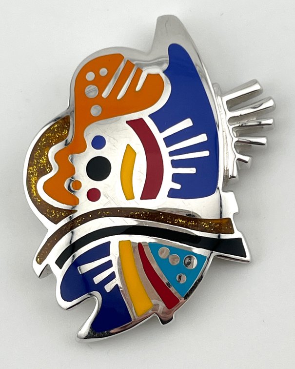 Signed A. Mengatti Italy Sterling Silver Enamel Abstract Fish Pendant, 34.6 Grams