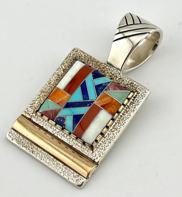 RMT Sterling Silver, 14K Gold & Multicolor Stone Inlay Pendant, 14.7 Grams