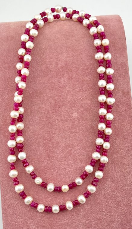 Natural Freshwater Pearl & Ruby Beaded Necklace, 29-Inch Continuous Strand