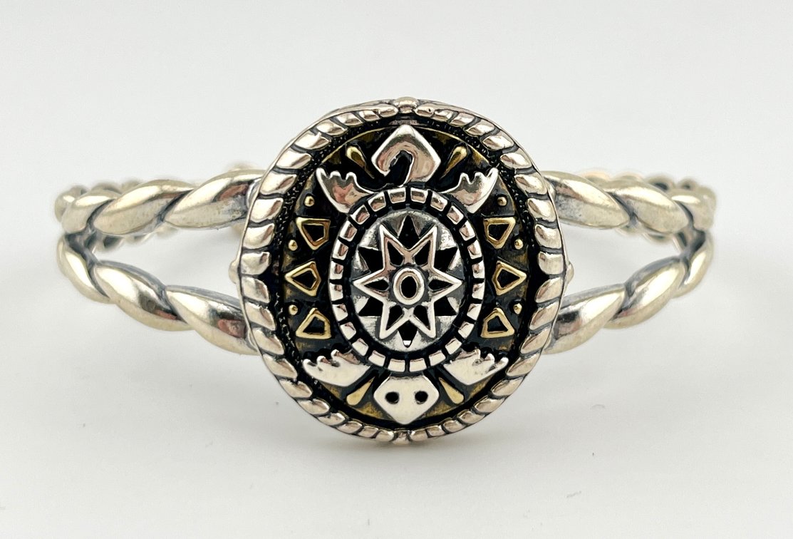 Signed Sterling Silver & Brass Turtle Motif Cuff Bracelet, 40 Grams