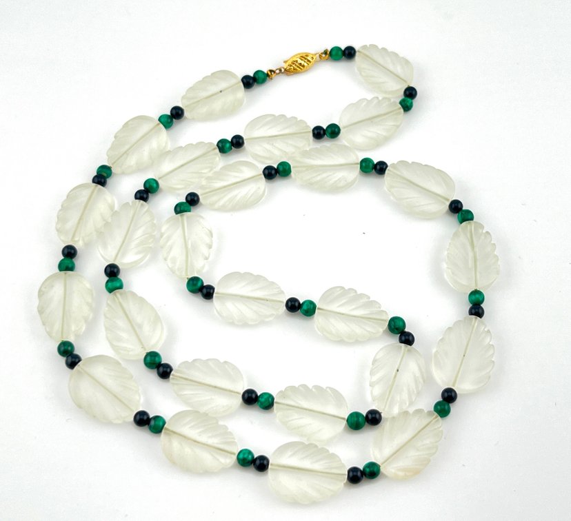 `4k Clasp-Carved Rock Crystal, Malachite & Black Onyx Necklace