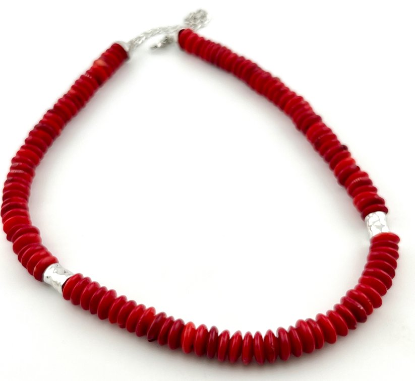 Sterling Silver & Dyed Red Coral Disc Bead Necklace, 21 Inches