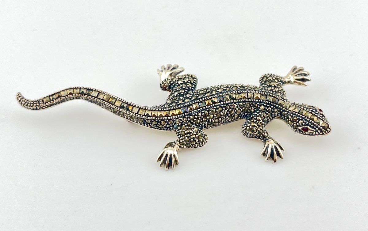 Sterling Silver Marcasite Lizard Gecko Brooch Pin