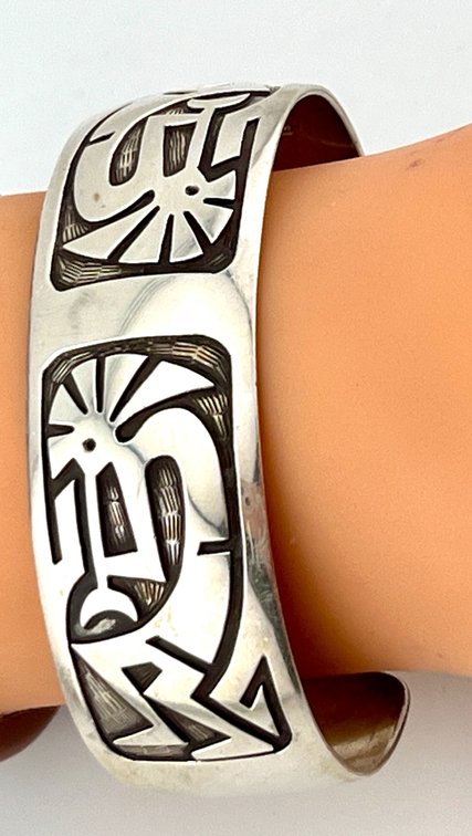 Vintage Sterling Silver Hopi-Style Overlay Cuff Bracelet, Hallmarked VB