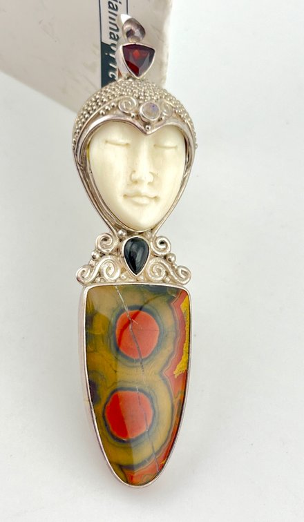 Sajen Marianna Richard Sterling Silver Carved Bone Goddess Pendant with Jasper, Onyx, Moonstone & Garnet