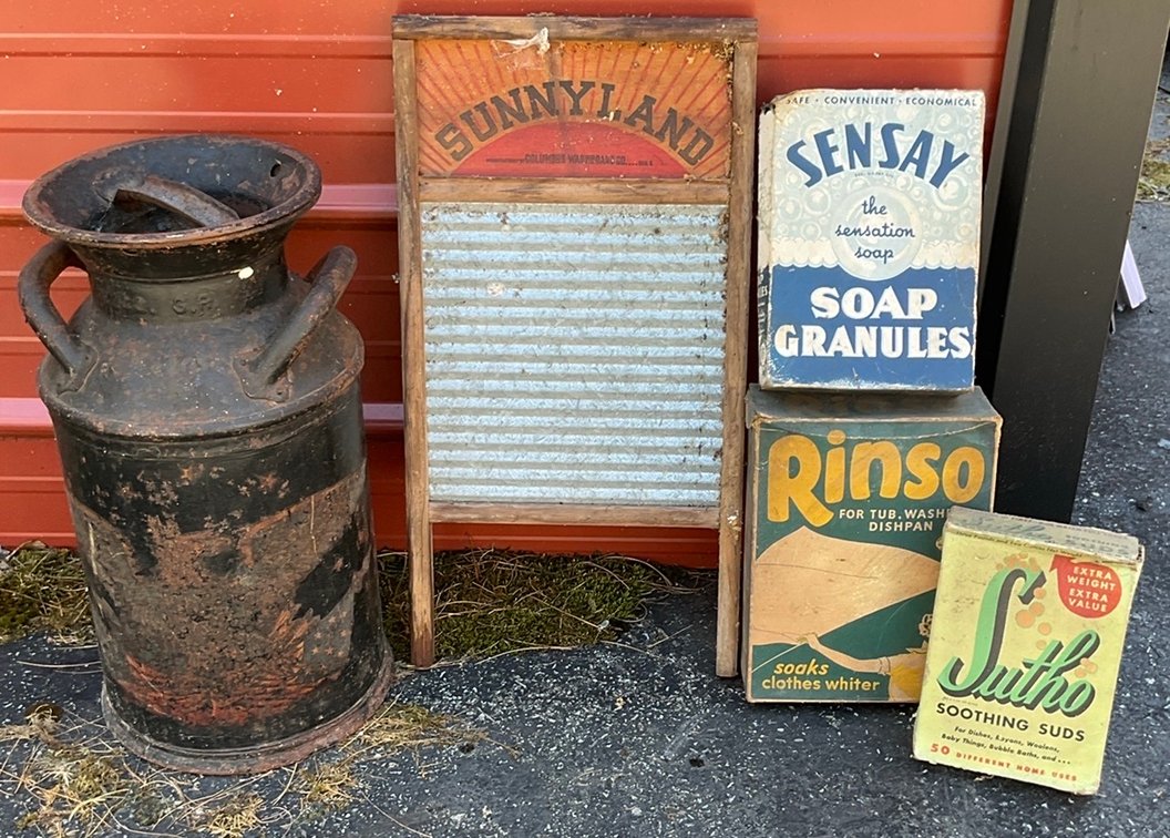 Vintage Milk Can, Sunnyland Washboard and Vintage Soap Boxes