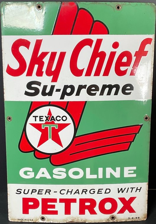 Vintage Porcelain Sky Chief Texaco Sign with Raised Letters