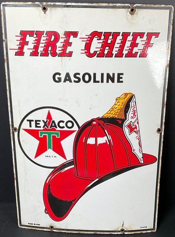 Vintage Metal Texaco Fire Chief Porcelain Sign with Raised Lettering