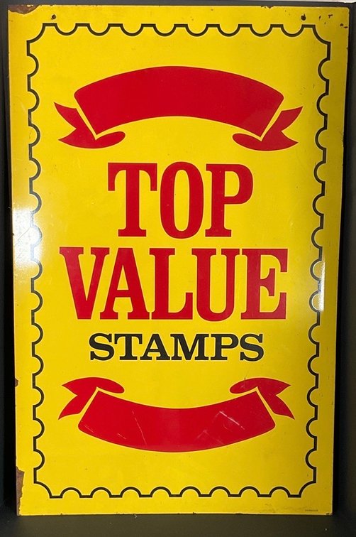 Vintage Double Sided Metal Top Value Stamps Sign