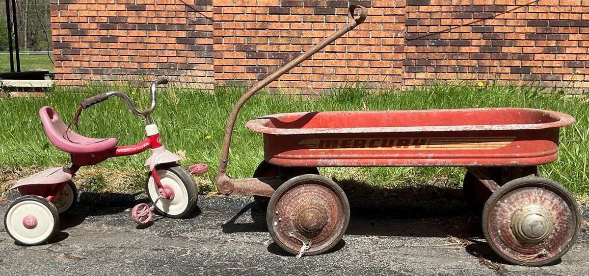 Vintage Mercury Pull Wagon and Radio Flyer Tricycle
