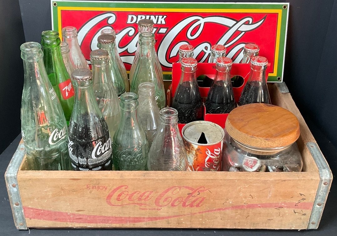 Coca Cola Crate With Vintage Bottles and a Small Collection of Bottle Caps