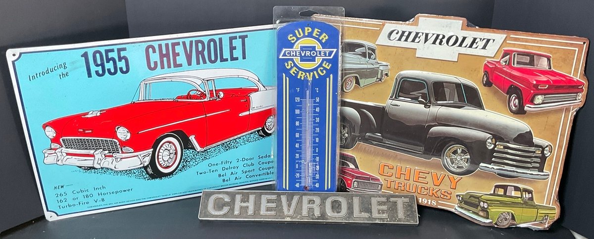 Chevy Tin Signs, Thermometer and Vintage Badge