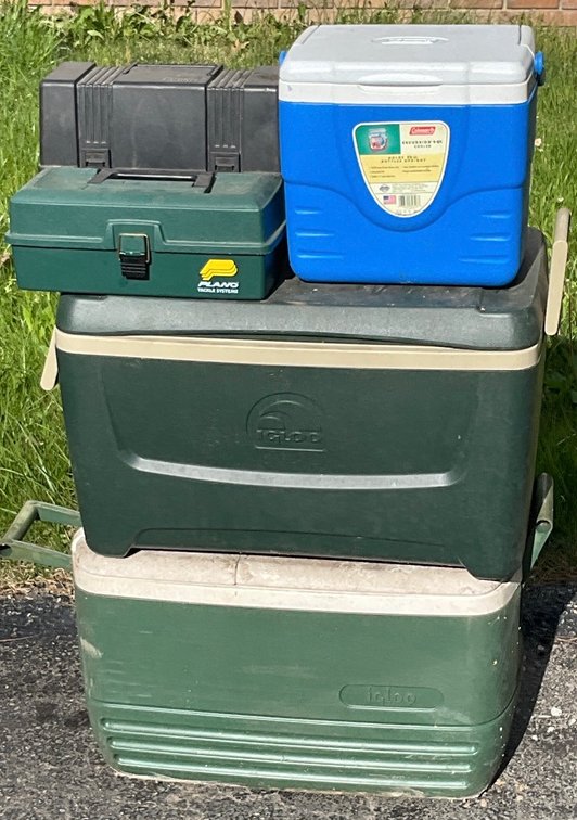 Igloo and Coleman Coolers with Thermos Lunchbox & Fishing Tackle Box