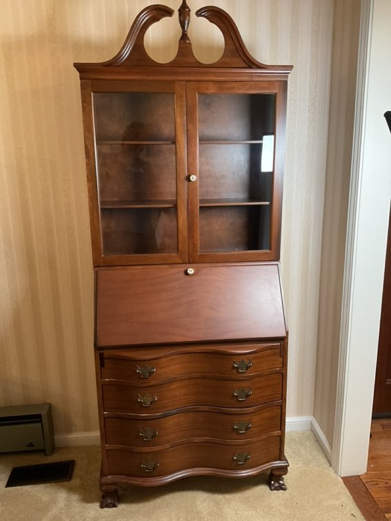 Mahogany Serpentine Secretary with Glass Bookshelf Doors