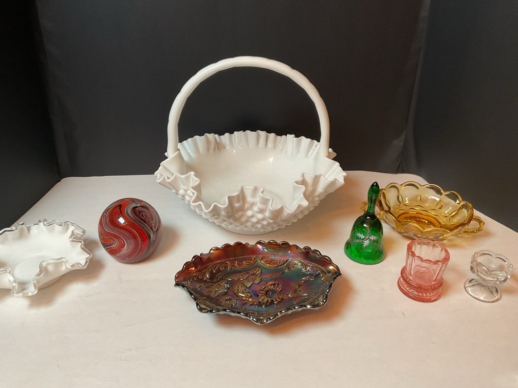 Fenton Carnival, Milk Glass, Fenton Mini Christmas Bell, Paper Weight & Other