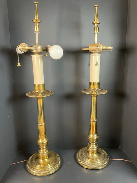 Set of 2 Vintage Mid Century Stiffel Brass Candlestick Lamps With Twin Pull Sockets