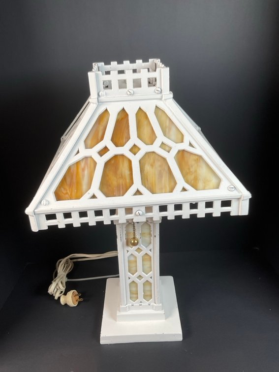 Vintage Arts & Crafts Mission Style Cast Iron Slag Glass Table Lamp