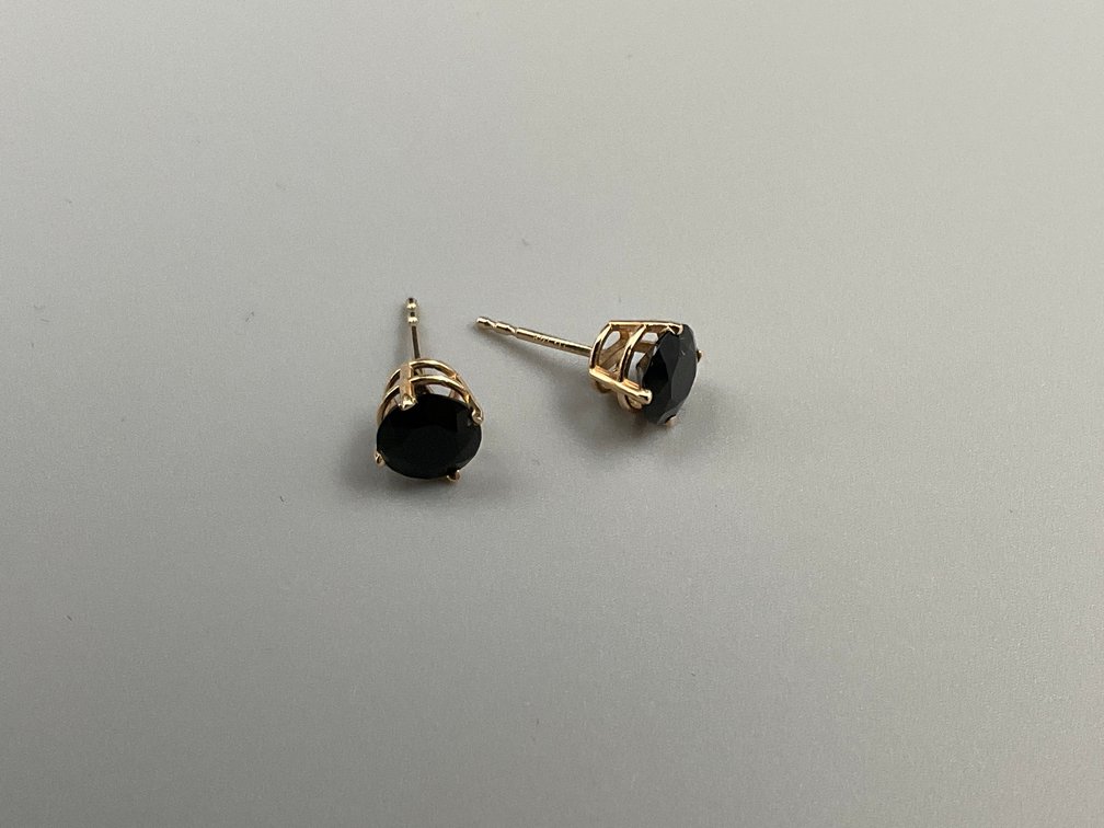 14K Gold Stud Earrings with Faceted Black Stone in a Basket Mount