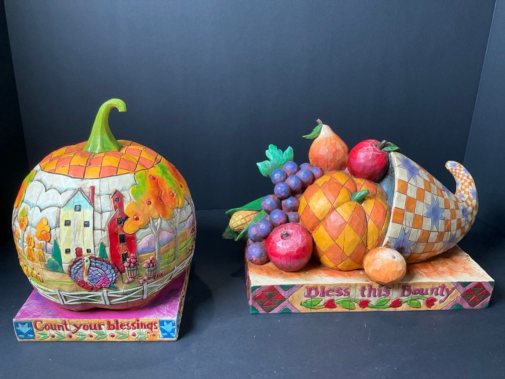 Vintage 2004 Heartwood Creek Jim Shore Count Your Blessings Pumpkin Figurine & 2004 Bless This Bounty Cornucopia Figurine