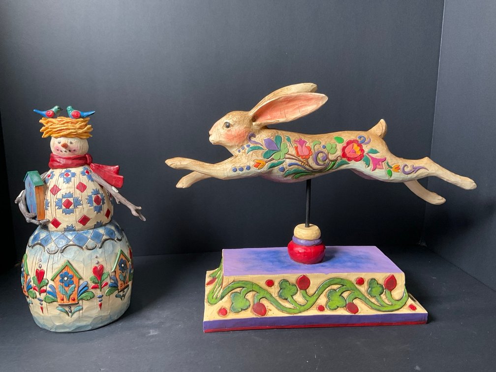 Vintage 2003 Heartwood Creek Jim Shore Winter's Haven Snowman Figurine & 2004 Running Rabbit Figurine