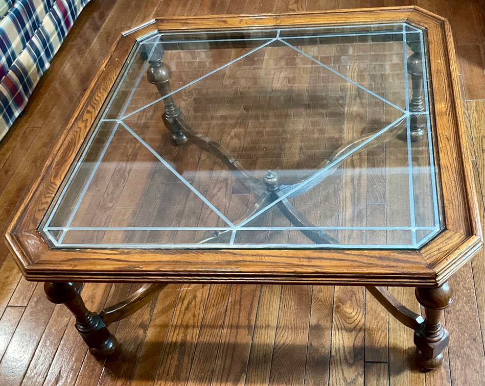 Vintage Ethan Allen Square Leaded Glass Top Oak Coffee Table