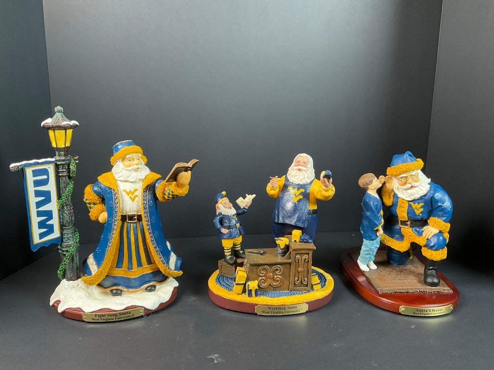 The Memory Company 2003 Fight Song Santa Fifth In A Limited Series, The Memory Company 2007 Workshop Santa Tenth In A Limited Series & 2001 Collegiate Collectibles Santa's Secret Third In A Limited Series West Virginia University Figurines