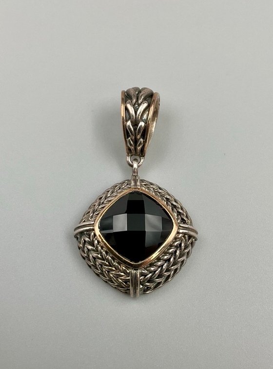 Sterling & 18K Gold Pendant with Faceted Black Stone