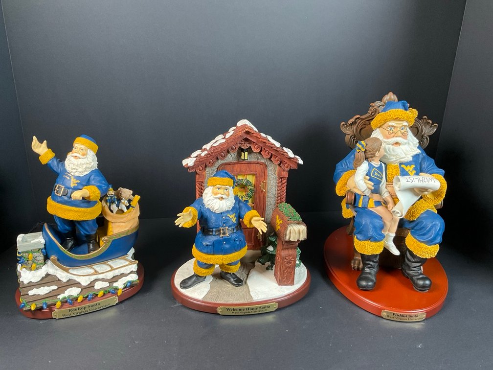 The Memory Company 2005 Rooftop Santa Seventh In A Limited Series, The Memory Company 2004 Welcome Home Santa Sixth In A Limited Series & 2000 Collegiate Collectables Wishlist Santa West Virginia University Figurines