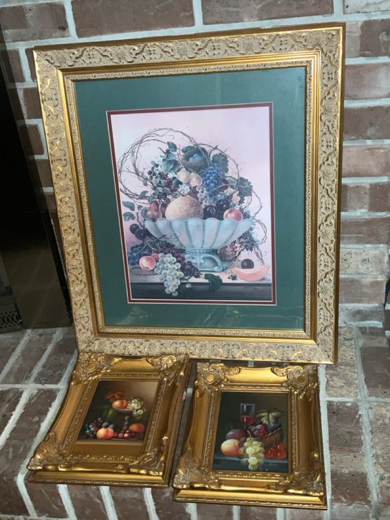 Glynda Turley " Abundance" Print In Ornate Gold Tone Frame & Set of 2 Fruit Prints In Ornate Gilded Frames