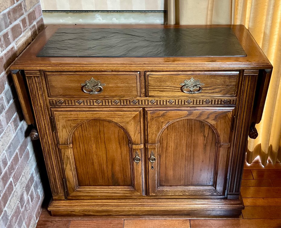 Vintage Ethan Allen Royal Charter Oak Server With Brass Hardware & Inlaid Slate Top