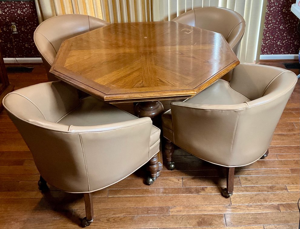 Vintage Ethan Allen Octagonal Dining Table & 4 Beige Rolling Vinyl Upholstered Chairs