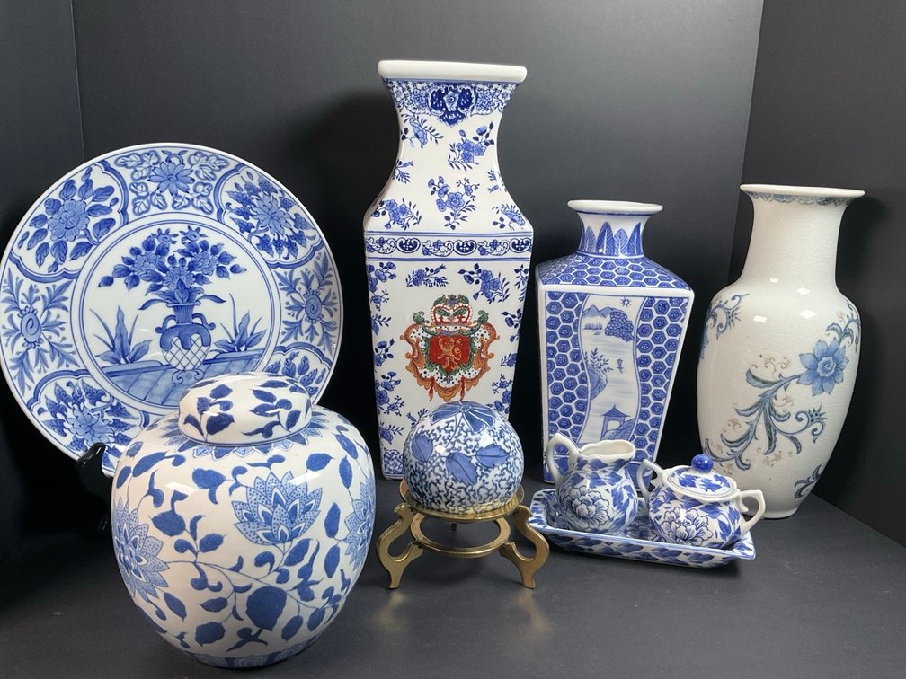 Vintage & Contemporary Blue/White Asian Style Vases, Plate, Ginger Jar, Brass Stand & More