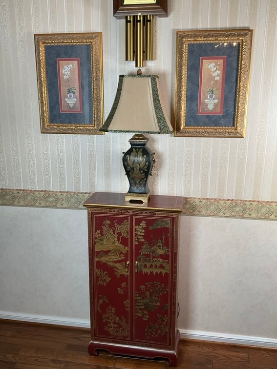 Asian Style Vignette To Include Red Accent Cabinet With Landscape Design, Set of Framed Richard Henson Prints & Swan Motif Lamp