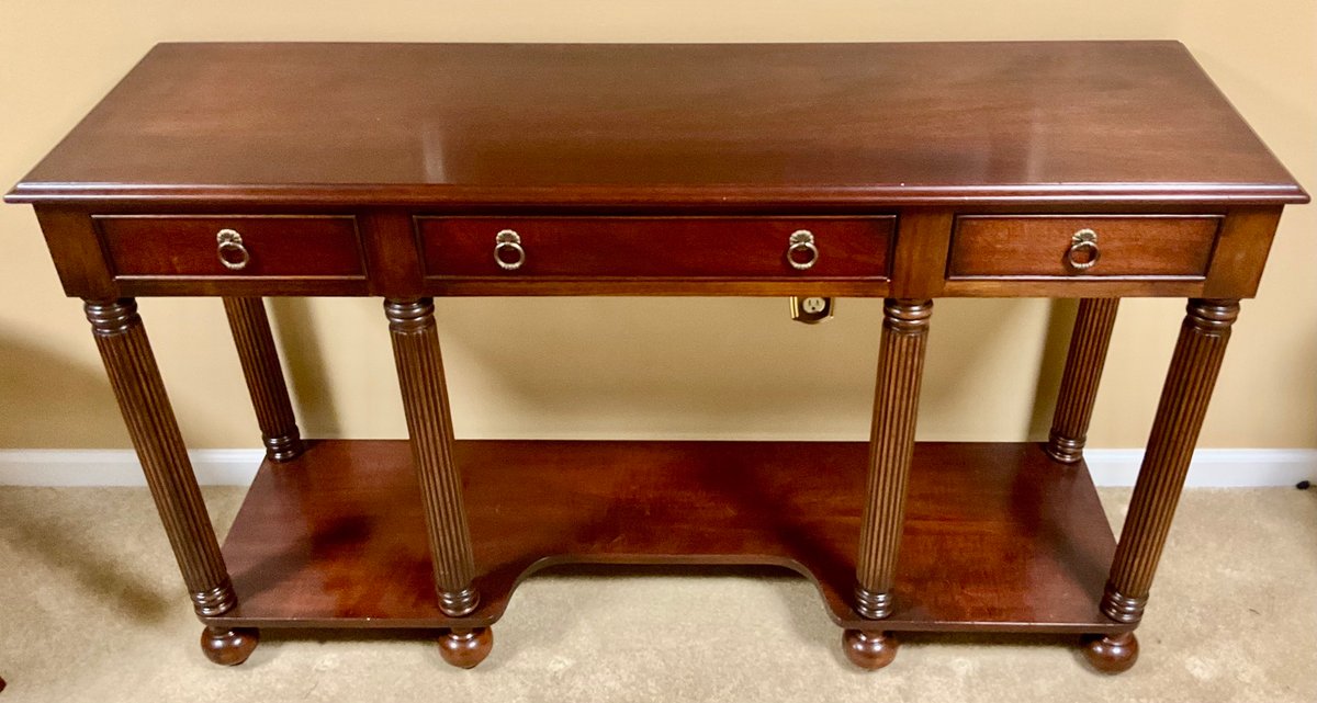 Mahogany Console Table With Fluted Legs, Turned Bun Feet & Brass Hardware