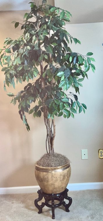 Gold With Black Detailing Porcelain Fishbowl Planter On Wooden Stand & Faux Tree