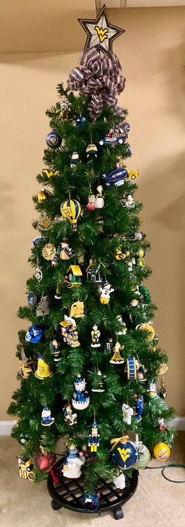 WVU -Themed Artificial Christmas Tree On Rolling Metal Stand