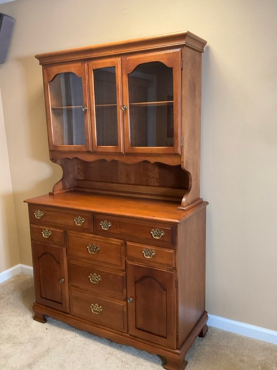 Mid Century Cherry Wood 2Pc Hutch With Glass Front Doors & Brass Hardware