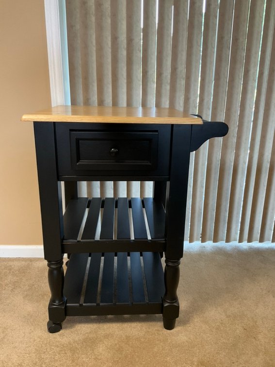 Wooden Black Kitchen Mobile Island With Light Wood Top & Slatted Shelves