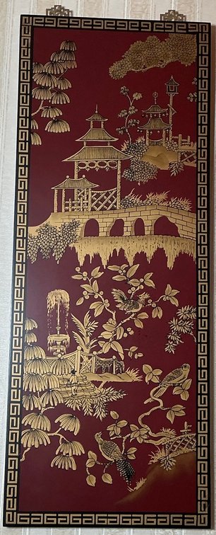 Pair of Wooden Embossed Asian Style Motif With Brass Hardware