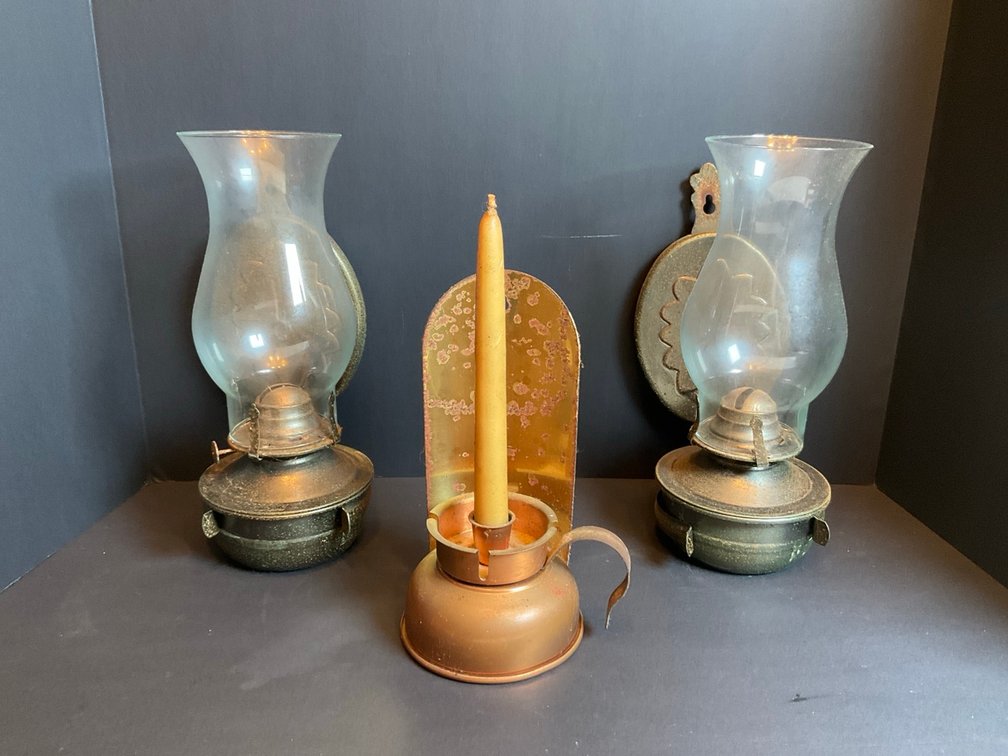Set of Wall Mount Green Speckled Metal Oil Lamps & Copper Wall Mount Candleholder