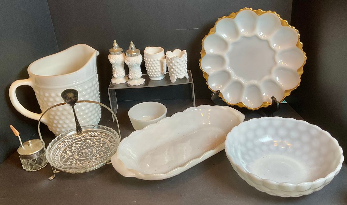 Fenton Cabbage Rose Milk Glass Shaker Set, Milk Glass Hobnail Creamer & Toothpick Holder Plus More