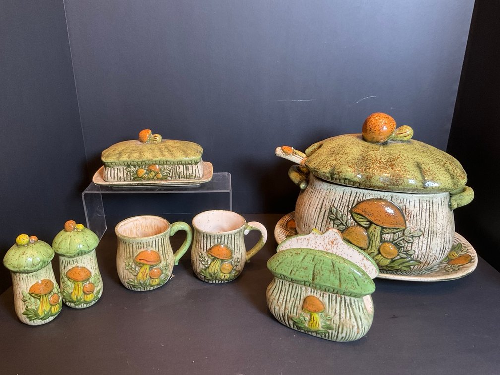 Retro Ceramic Speckled Mushroom Soup Tureen, Butter Dish, Shaker Set & More