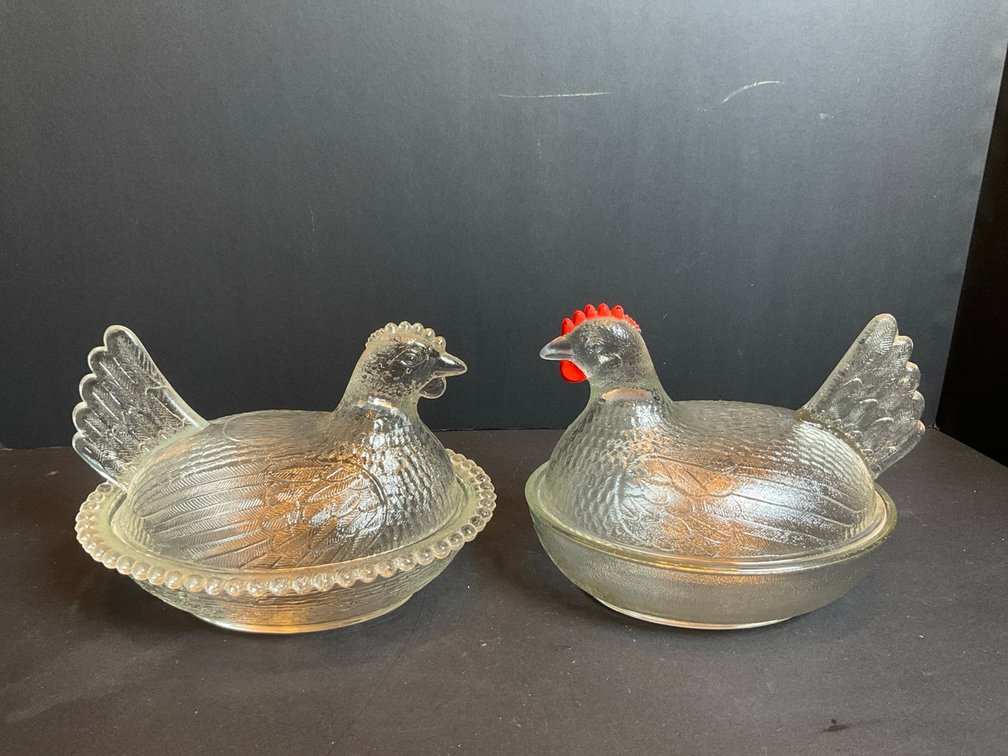Pair of Indiana Glass Pressed Clear Glass Hen On Nest